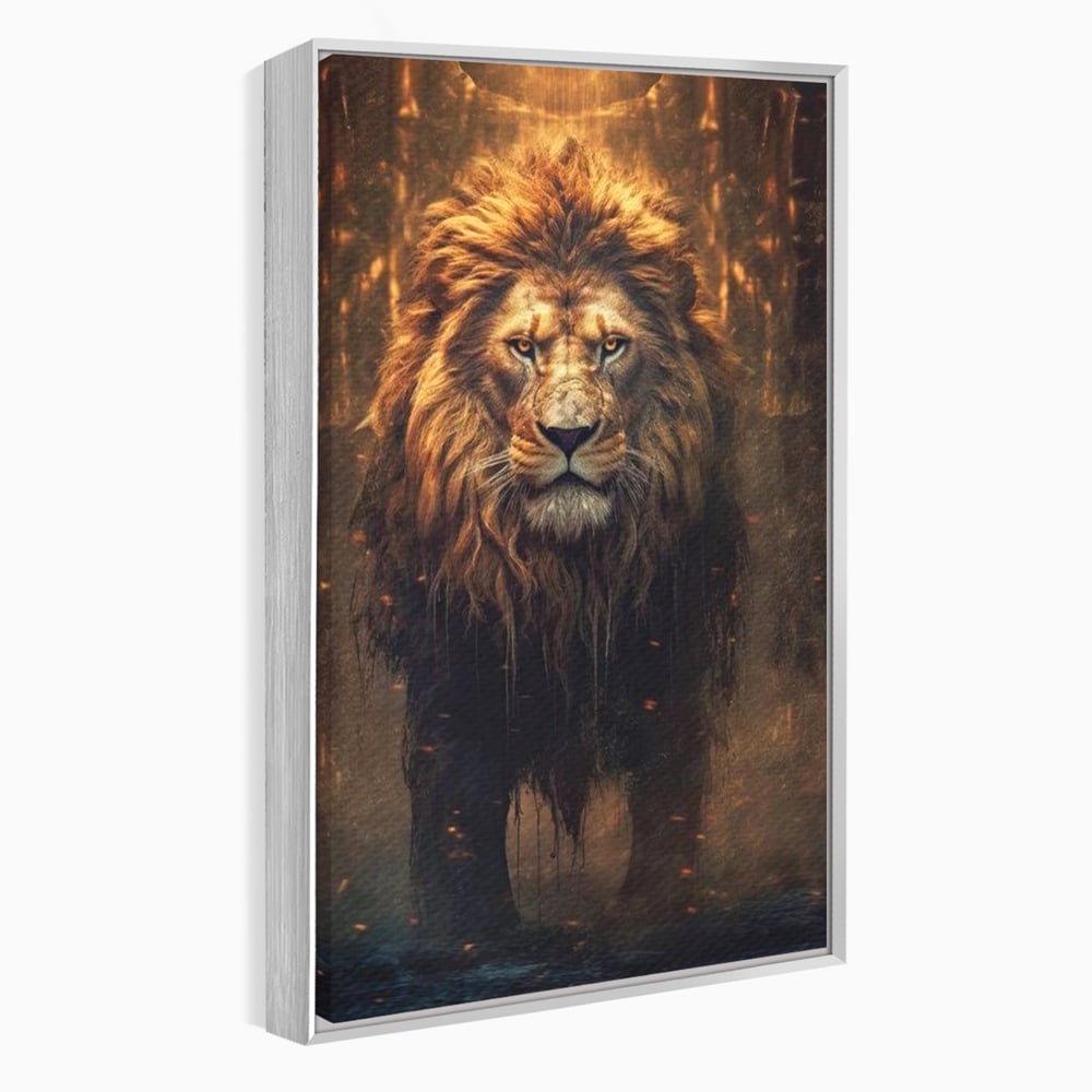 Tablou canvas cu tablou canvas cu portret de leu, in rama de aluminiu argintiu